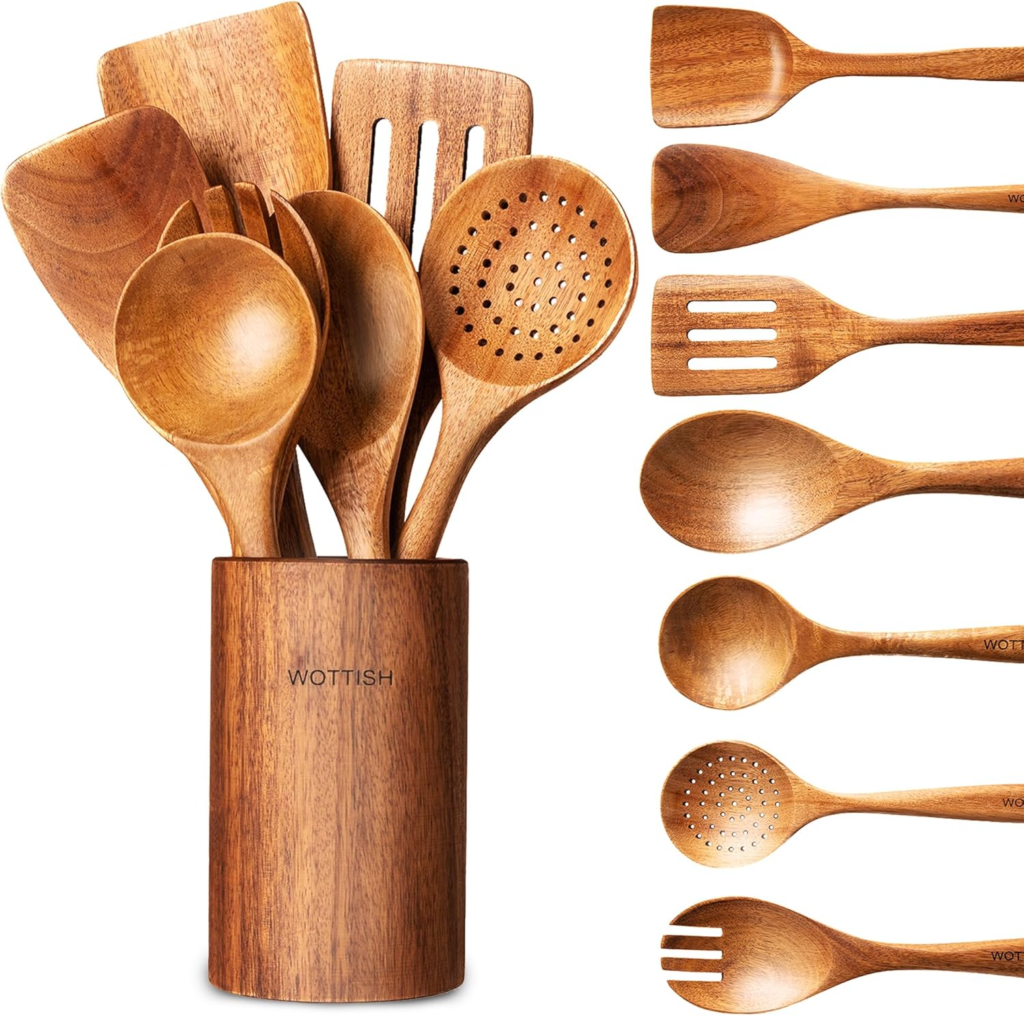 8-Piece Wooden Kitchen Utensil Set made of Natural Solid Wood Material