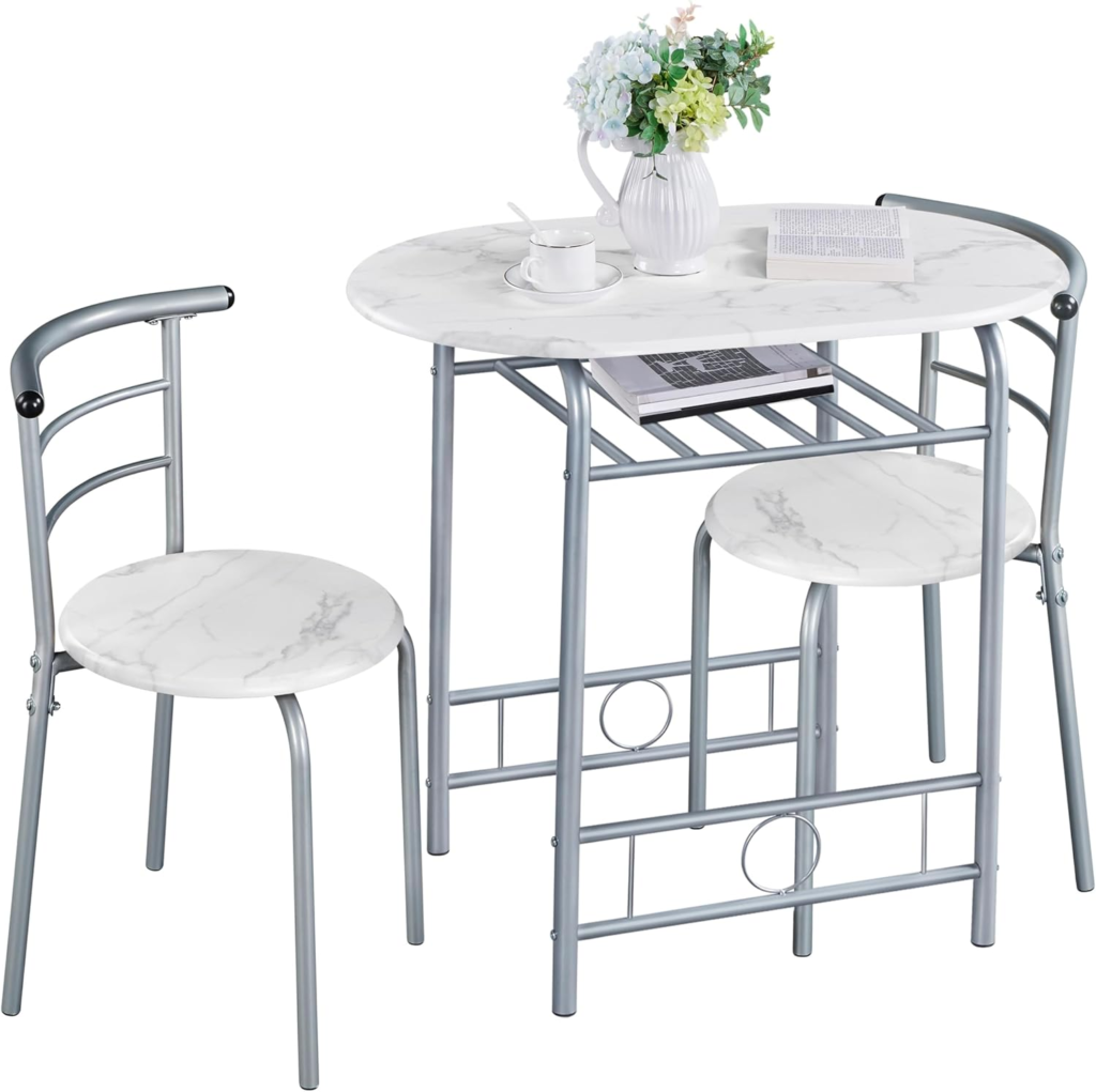 Yaheetech 3-Piece Dining Table Set, Breakfast Bistro Table Set for 2, Small Kitchen and Table Chairs Set of 2 with Metal Frame and Storage Rack for Small Space/Apartment/Dorm Room, White